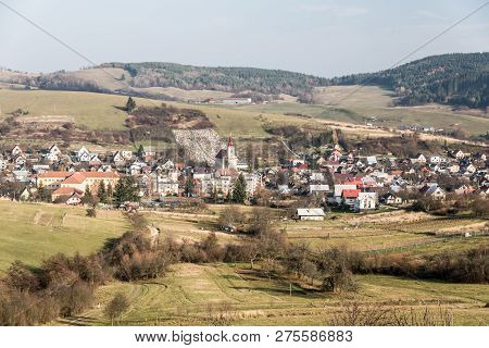 Papradno Village With Smaller Hills Of Javorniky Mountains On The Background Covered By Meadows And 