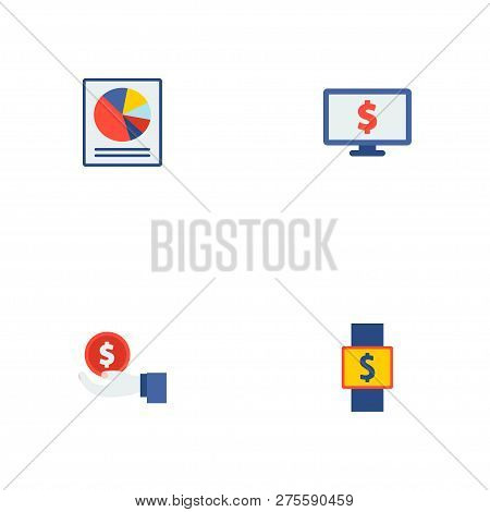 Set Of Financial Icons Flat Style Symbols With Hand Money, Smart Watch, Pie Chart Icons For Your Web