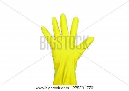 Signs Made Of Yellow Protective Gloves. Fingers Symbol Five. Isolated On White. The Concept Of Clean