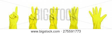 Signs Made Of Yellow Protective Gloves. Fingers Symbol One Two Three Four Five. Isolated On White. T