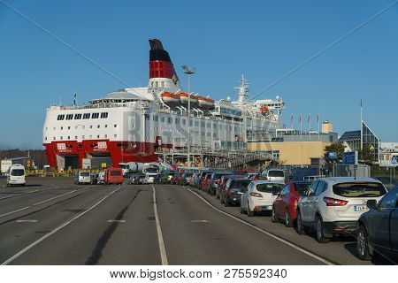 Turku, Finland - April 30, 2018: Turku-stockholm Ferry, Car Queue To Amorella Ship Of Viking Line Co