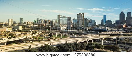 Panoramic Top View Dallas Expressway Viaduct And Modern Downtown Skylines