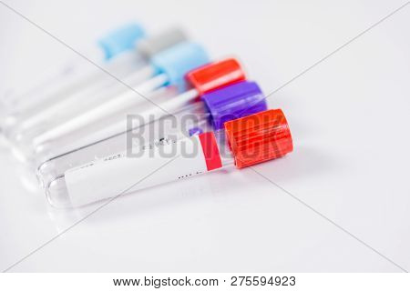 Six Bottles For Samples Used In Hospitals Or Medicine For Blood Samples In A Laboratory On White Bac