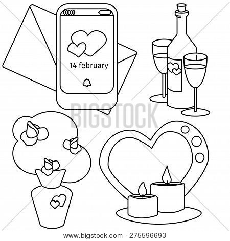 Vector Valentines Day Set Bouque, Vine. Candles And Notification. Line Art For Cartoon Design, Vecto