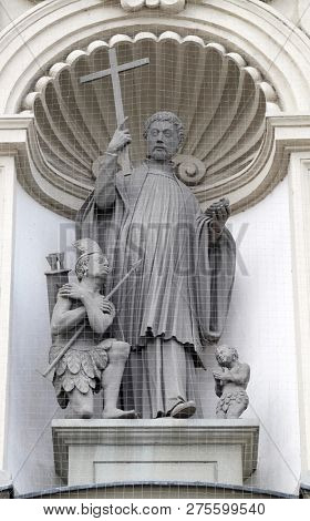 LUCERNE, SWITZERLAND - JUNE 24, 2018: Saint Francis Xavier statue on the portal of Jesuit church of St. Francis Xavier in Lucerne, Switzerland