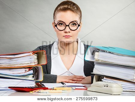 Paperwork Administration Bureau Clerk Concept. Young Happy Secretary At Work. Office Lady Doing Her 