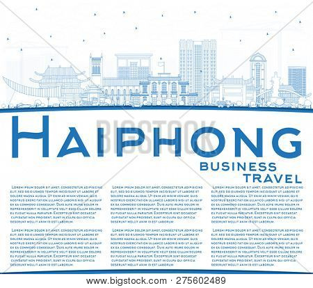 Outline Haiphong Vietnam City Skyline with Blue Buildings and Copy Space. Business Travel and Tourism Concept with Historic Architecture. Haiphong Cityscape with Landmarks.