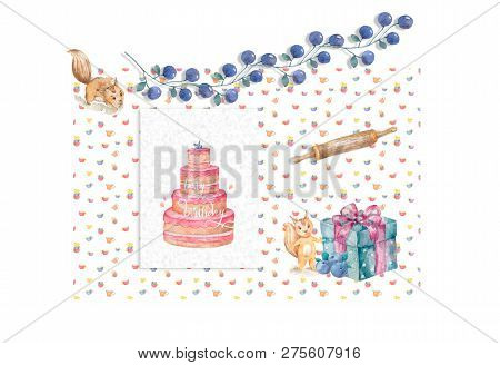 Greeting Card Illustration With Birthday Cake Squirrel And Blue Pize Box On Cups Pattern Background 