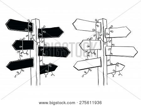 Hand Drawn Wooden Signboards With String Lights, Vector Illustration