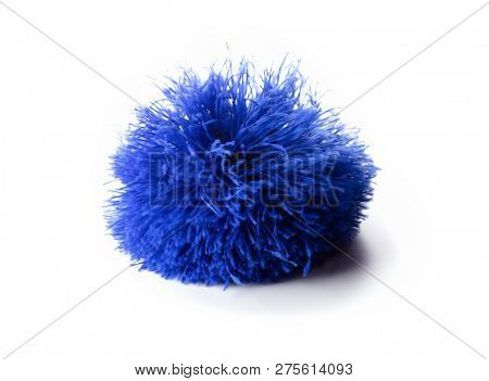 Fuzzy, hairy, furry. Blue pom pom like object isolated on white. Actually a mirofiber duster. 