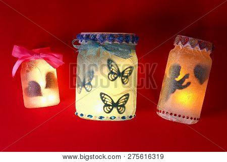 Diy Fairy Jar On Red Background. Gift Ideas, Decor February 14, St Valentines Day, Love. Handmade La