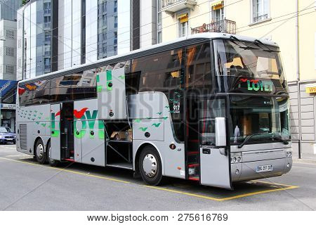 Montreux, Switzerland - August 6, 2014: Touristic Coach Bus Van Hool T917 Altano In The City Street.