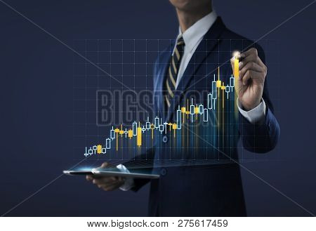 Business Growth, Progress Or Success Concept. Businessman Is Drawing A Growing Virtual Hologram Stoc