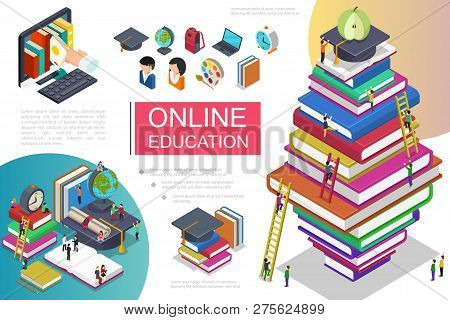 Isometric Online Learning Template With People Climp Up Stairs On Stack Of Books Hand Take Book From