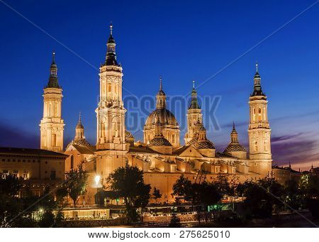 Night View Of Basilica Del Pilar In Zaragoza, Spain