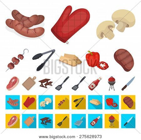 Barbecue And Equipment Cartoon, Flat Icons In Set Collection For Design. Picnic And Fried Food Vecto