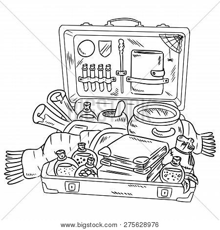 Suitcase With Witchcraft Items. Packing To Magic School. Collection Of Magical Objects To Cast A Spe