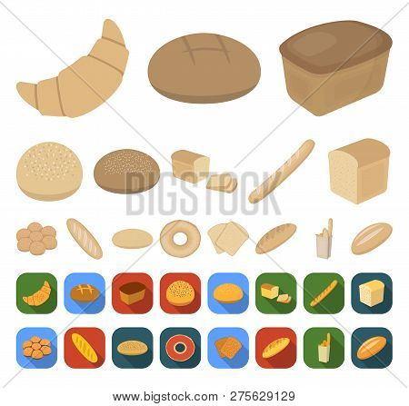Types Of Bread Cartoon, Flat Icons In Set Collection For Design. Bakery Products Vector Symbol Stock