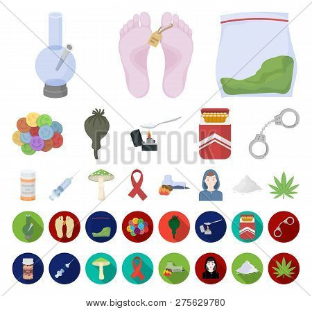 Drug Addiction And Attributes Cartoon, Flat Icons In Set Collection For Design. Addict And Drug Vect