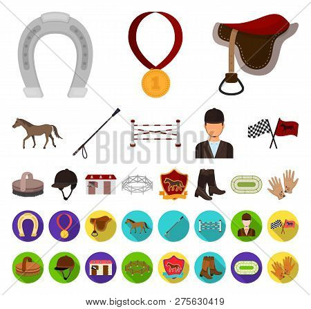 Hippodrome And Horse Cartoon, Flat Icons In Set Collection For Design. Horse Racing And Equipment Ve