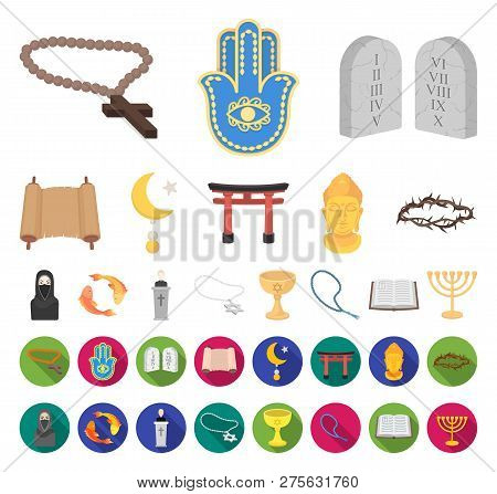 Religion And Belief Cartoon, Flat Icons In Set Collection For Design. Accessories, Prayer Vector Sym
