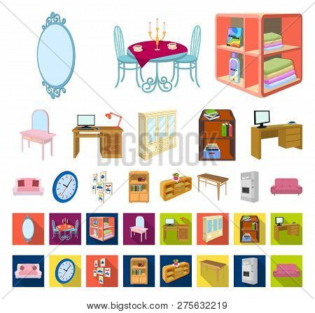 Furniture And Interior Cartoon, Flat Icons In Set Collection For Design. Home Furnishings Vector Iso
