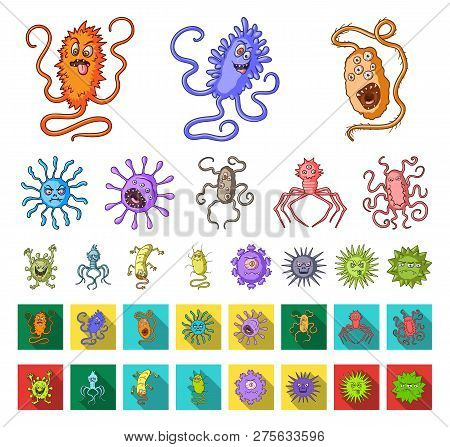 Types Of Funny Microbes Cartoon, Flat Icons In Set Collection For Design. Microbes Pathogenic Vector