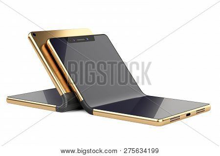 Two Golden Fexible Foldable Smartphone - Concept. 3d Illustration Isolated Over White Background.