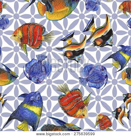 Watercolor Aquatic Underwater Colorful Tropical Fish Illustration Set. Seamless Background Pattern.