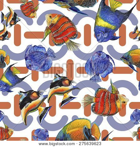 Watercolor Aquatic Underwater Colorful Tropical Fish Illustration Set. Seamless Background Pattern.