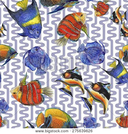 Watercolor Aquatic Underwater Colorful Tropical Fish Illustration Set. Seamless Background Pattern.