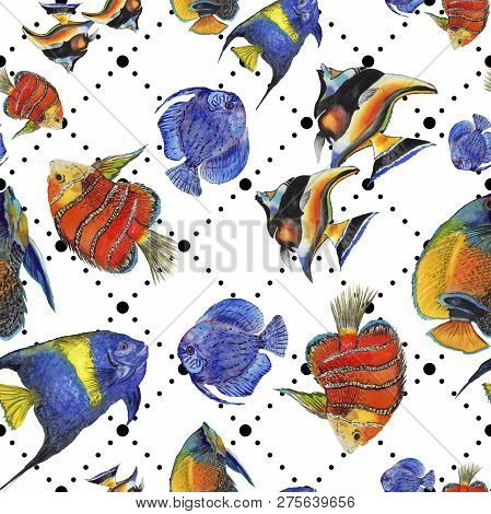 Watercolor Aquatic Underwater Colorful Tropical Fish Illustration Set. Seamless Background Pattern.