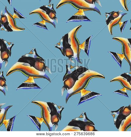Watercolor Aquatic Underwater Colorful Tropical Fish Illustration Set. Seamless Background Pattern.