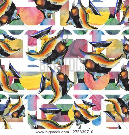Watercolor Aquatic Underwater Colorful Tropical Fish Illustration Set. Seamless Background Pattern.