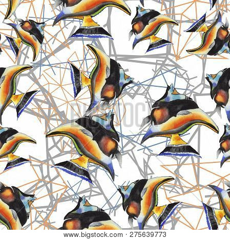 Watercolor Aquatic Underwater Colorful Tropical Fish Illustration Set. Seamless Background Pattern.