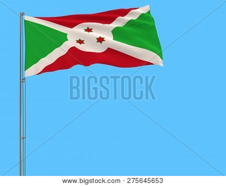 Isolate Flag Of Burundi On A Flagpole Fluttering In The Wind On A Blue Background, 3d Rendering
