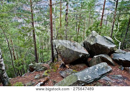 Large Stones Of Rocks At Wet Forest In Carpathian Mountains.