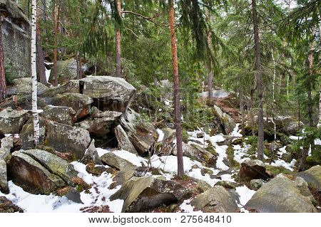 Dovbush Rocks In Green Forest At Carpathian Mountains.