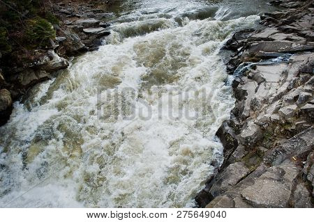 Incredible And Stormy Prut River At Carpathian Mountains, Jaremcze Resort, Ukraine, Europe.