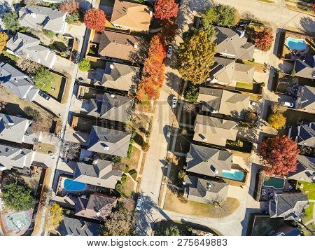 Aerial View Urban Subdivision Houses With Pool And Autumn Leaves Near Dallas