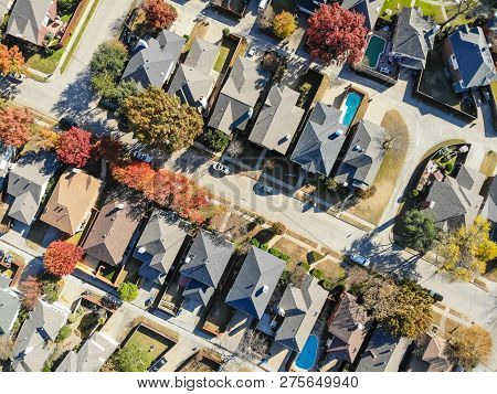 Aerial View Urban Subdivision Houses With Pool And Autumn Leaves Near Dallas