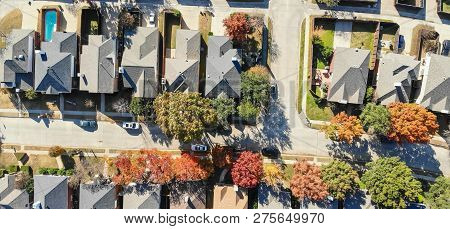 Panoramic Aerial View Urban Subdivision Houses With Pool And Autumn Leaves Near Dallas
