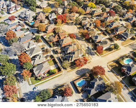 Aerial View Suburban Subdivision With Dead-end Street And Colorful Leaves Near Dallas