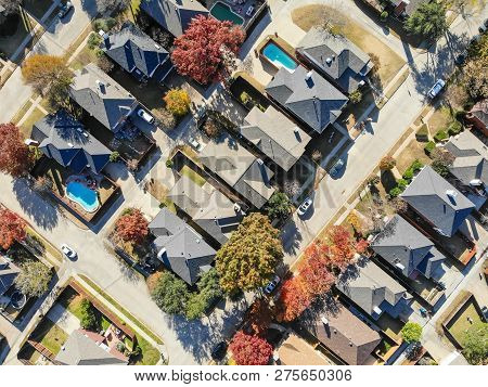 Aerial View Urban Subdivision Houses With Pool And Autumn Leaves Near Dallas
