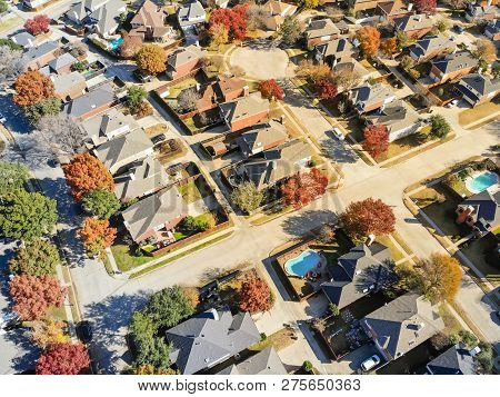 Aerial View Urban Subdivision Houses With Pool And Autumn Leaves Near Dallas