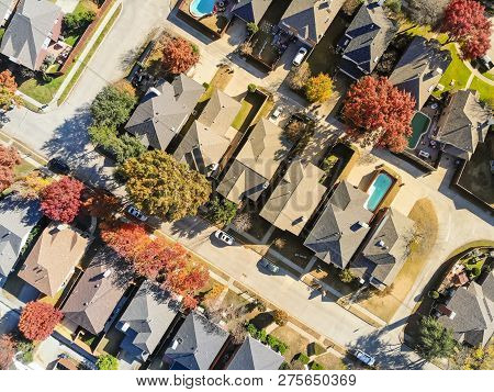 Aerial View Urban Subdivision Houses With Pool And Autumn Leaves Near Dallas