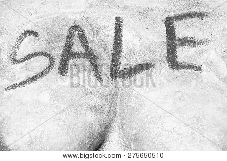 Topless Woman Body Or Sexy Breast Smeared In Golden Paint Or Glister With Sale Inscriptio