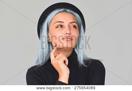 Cheerful And Charming Young Teenager Woman With Blue Hair Wearing Black Apparel And Hat, Smiling, Lo