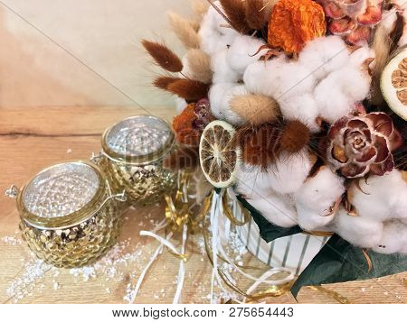 Autiful Festive Christmas Composition, Cotton, Cinnamon, Lime In A Box. Natural And Organic Christma
