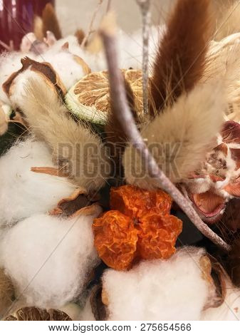 Autiful Festive Christmas Composition, Cotton, Cinnamon, Lime In A Box. Natural And Organic Christma